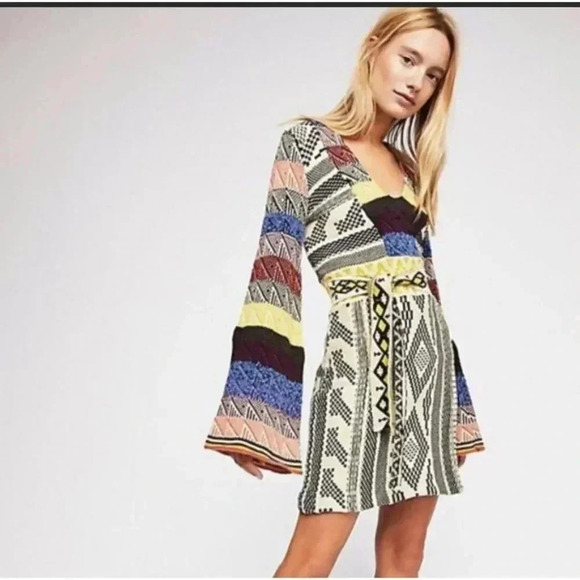 NWT Free People Womens Bell Sleeve V Neck Patchwork Knit Sweater Dress Multi S - Picture 2 of 13